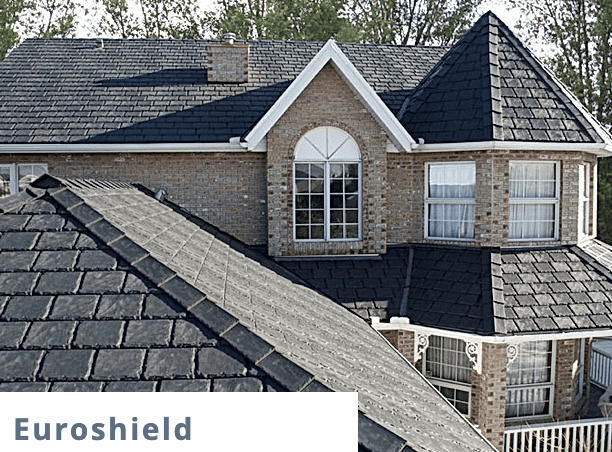 light gray stone home with black roofing and white trim and euroshield logo in the bottom left Rapid City SD Weather Tite Exteriors